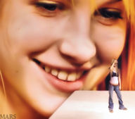 collage vore blonde clothed jeans smiling face shrunken_woman close_up nose eyes