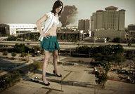 giantess city destruction bra skirt high_heels brunette looking_down