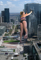giantess city blonde destruction attack underwear skyscraper punch tattooed