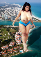 breasts giantess crush feet black_hair swimsuit beach barefoot water huge_breasts
