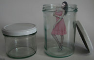 collage black_hair high_heels pet shrunken_woman entrapment pink_dress docop jars
