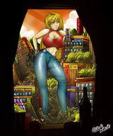 breasts drawing giantess city mega blonde color destruction clothed cleavage anime signs top edlouie hands_on_hips
