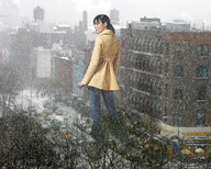giantess collage city black_hair clothed jeans wonderslug ponytail snow winter trees coat snowing andi_muise