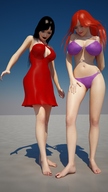 bikini giantess crush sakura barefoot cleavage brunette smiling red_hair dress foot_crush ankles kitten_lily tiny_mk looking_at_tiny digital_render
