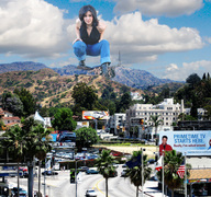 collage mega black_hair destruction clothed traffic jeans wonderslug people mountains vehicles clouds los_angeles hollywood crouching trees black_boots jaime_koeppe hollywood_sign