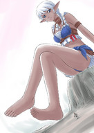 drawing giantess white_hair micro feet color barefoot elf shrunken_men sitting looking_down dark_skin manzi