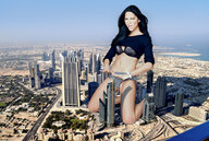 giantess collage city mega black_hair underwear celebrity kneeling watch looking_at_viewer olivia_munn docop
