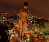 breasts giantess collage nude city black_hair barefoot short_hair navel looking_down streets night digital_render