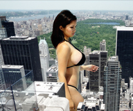 breasts gentle giantess collage city black_hair swimsuit water wet asian new_york_city