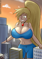 drawing giantess city blonde color clothed cleavage buildings anime huge_breasts outdoors xanafar heterochromia