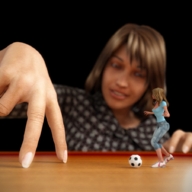 giantess finger brunette table shrunken_woman game teasing soccer