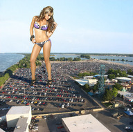breasts giantess collage feet long_hair swimsuit destruction cars high_heels wonderslug legs looking_down parking_lot bangles melissa_giraldo