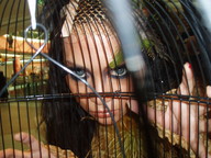 black_hair blue_eyes lips hand face cage entrapment captured caged point_of_view
