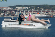 giantess black_hair swimsuit water ocean ships