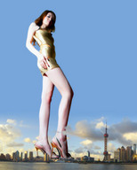 collage city mega destruction high_heels brunette low_angle asian legs clouds sky sjw short_dress gold_dress