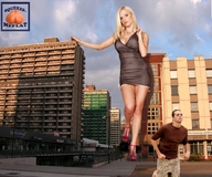 breasts giantess collage city blonde high_heels lingerie legs running jewelry pedestrian