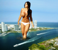collage city mega black_hair large_breasts water ocean topless navel sunny ships holiday_resort