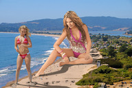 collage blonde beach handheld barefoot water ocean multiple_sizes wonderslug sitting foot_print sand people giantesses captured sunny melissa_giraldo swim_suits