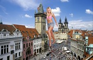 collage city blonde barefoot foot_crush shorts people clouds sky church clock_tower jenni_czech pink_bra prague