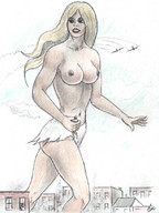breasts drawing giantess nude city blonde color long_hair destruction handheld topless airplane smoke nikko no_background