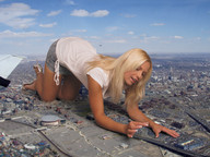 collage city mega blonde high_heels helicopter crawling shorts clouds grabbing sky artdent jenni_czech aircraft_wing