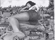 drawing giantess crush feet monochrome butt destruction soles butt_crush anime marcos_snowbell lying_down pencil_drawing