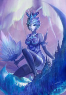 drawing giantess manga city color large_breasts butt armor blue_eyes clothed buildings blue_hair final_fantasy castle squatting blue_skin collar mountains ice thighs outdoors jewelry japanese_text necklace shiva thigh_highs bracelet blood_of_bahamut fan armband on_knees on_head