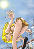 drawing giantess crush feet city mega color swimsuit butt_crush anime blood yellow_eyes gore sandals yellow_hair earrings lostperras men_anklet sandal_crush