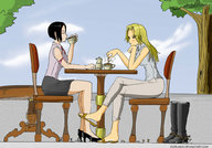 giantess blonde comic black_hair color clothed yellow_eyes shrunken_men table giantesses tea chair giorunog closed_eyes