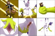drawing insertion nude pussy furry anthro comic color digimon gatomon handheld low_angle gloves shrunken_man eyeofcalamity panels inside_pussy looking_at_tiny