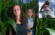 giantess blonde clothed brunette smiling shrunken_woman grass hiding