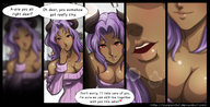 breasts drawing horns comic color large_breasts cleavage anime purple_hair red_eyes smiling story demoness close_up dark_skin sweater magion02 point_of_view