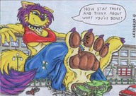 crush feet furry macro color destruction clothed purple_hair blue_hair paws cerberus vehicles between_toes vehicle_crush guns