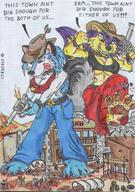crush furry macro color destruction clothed purple_hair blue_hair blood cerberus village guns wild_west