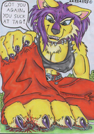 crush furry macro color clothed green_eyes purple_hair blood cerberus funny top
