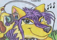 furry macro color green_eyes purple_hair cerberus funny headphones yellow_fur