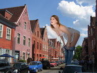 breasts giantess collage city jeans red_hair bending_over streets vehicles looking_up undressing docop
