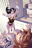 breasts drawing giantess city mega black_hair color armor clothed anime giganta red_hair boots fighting wonder_woman leotard jumpsuit tiara zipper dc_comics bare_legs