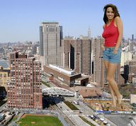 giantess collage city brunette smiling legs shorts rubble top