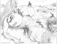 drawing giantess nude monochrome anime huge_breasts stockings bondage julius_zimmerman jessica_rabbit