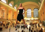 collage blonde standing danna black_dress bystanders train_station