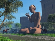 giantess nude blonde castle small_breasts medieval short_hair shrunken_men sitting holding trees horses digital_render