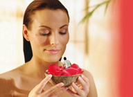 collage clothed brunette smiling shrunken_men hand bowl