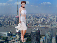 giantess city barefoot smiling asian looking_down white_dress harbour