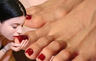 collage brunette lesbians shrunken_woman foot_kissing pedicured