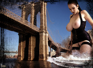 breasts giantess collage black_hair large_breasts bridge destruction water looking_down zoolp new_york_city brooklyn_bridge bridge_collapse