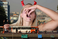 collage vore city blonde buildings scared bus people between_fingers beregous jenni_czech devil_costume running_away